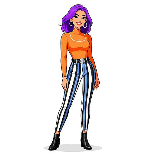 Digital illustration of a confident woman with purple hair, orange long-sleeve top, white and black striped pants, black ankle boots, and large hoop