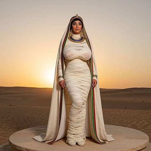 Photograph of a plus-size woman in a white, textured, traditional desert dress with a long veil, standing in a desert at sunset.