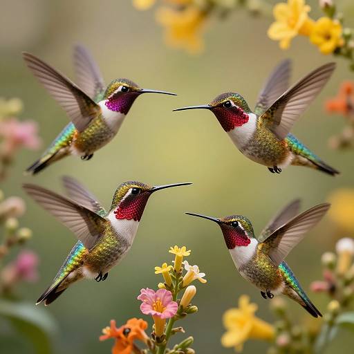 Photograph of four iridescent hummingbirds with vibrant red throats, hovering in a circular formation amidst colorful, blooming flowers.