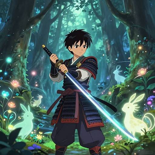 Mystical Samurai in Glowing Forest