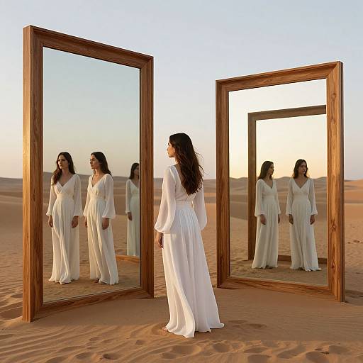 Photograph of a pregnant woman in a white, long-sleeved gown standing in a desert, reflected in two large wooden-framed mirrors.