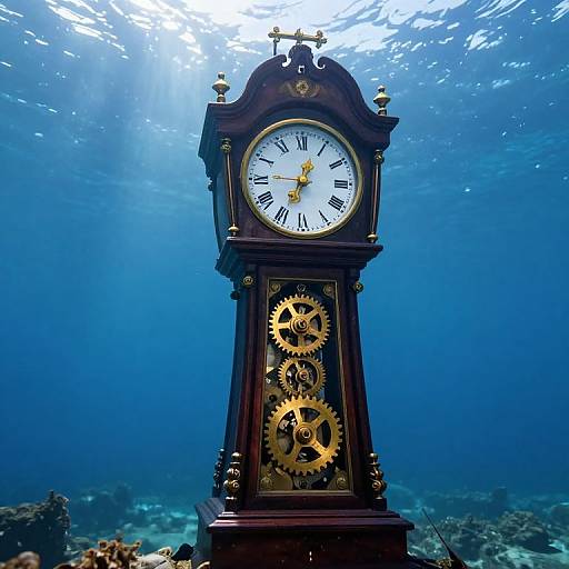 Photograph of an underwater vintage clock with black and gold gears, white face, and Roman numerals, bathed in sunlight.