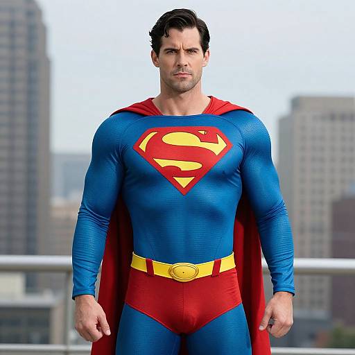 Photorealistic CGI of a muscular, handsome Superman with blue suit, red cape, and yellow belt, standing confidently against a cityscape.