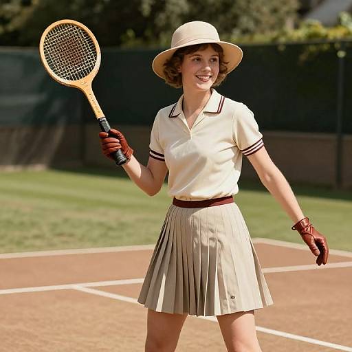 Photograph of a smiling young woman in a vintage-style beige tennis outfit, holding a racket, standing on a sunny tennis court.