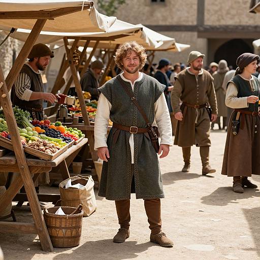 Photograph of a bearded man with curly brown hair, wearing a medieval-style dark blue tunic and brown belt, standing in a sunlit,