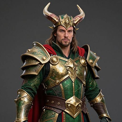 Photograph of a muscular man with long brown hair and beard, wearing ornate golden horned armor, green and red medieval attire, against a dark