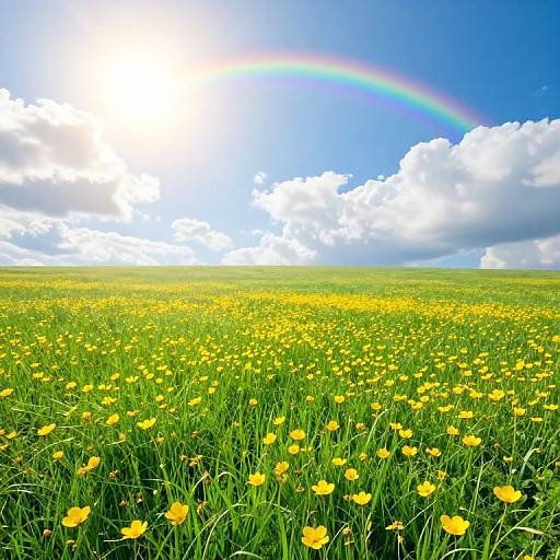 Vibrant photograph of a sunny meadow filled with yellow dandelions, a vivid rainbow arching across the blue sky, and fluffy white clouds
