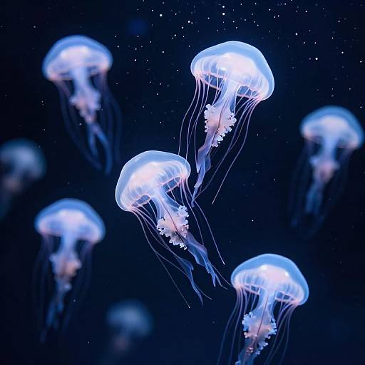 Photograph of glowing blue and white jellyfish with translucent bodies and long, flowing tentacles, floating in a dark, starry ocean.