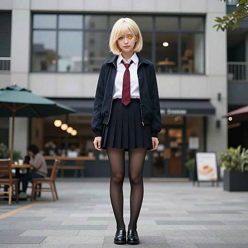 Photograph of a blonde anime-style girl with yellow eyes, wearing a black jacket, white shirt, red tie, black skirt, and black tights