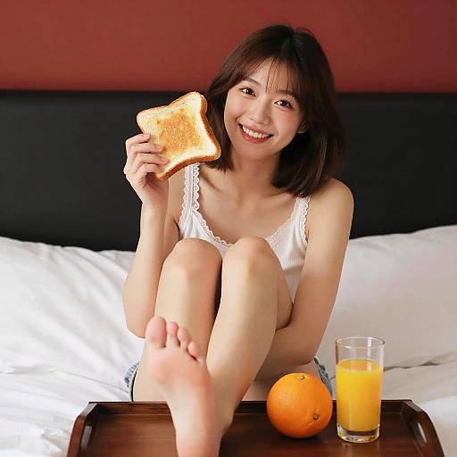 Cheerful Woman Breakfast in Bed