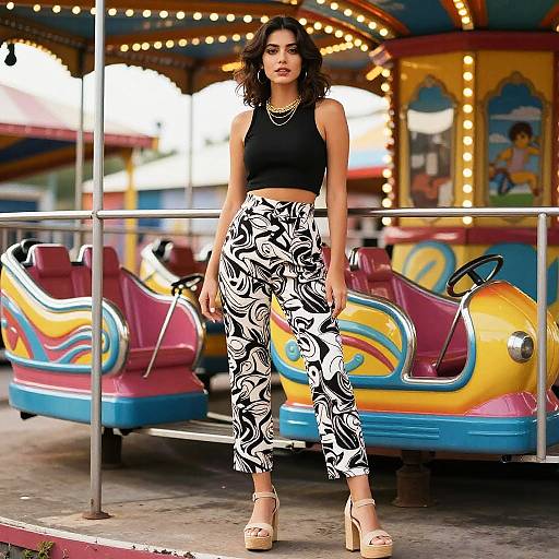 Photograph of a curly-haired woman in a black crop top and black-and-white patterned high-waisted pants, standing in a colorful, lit