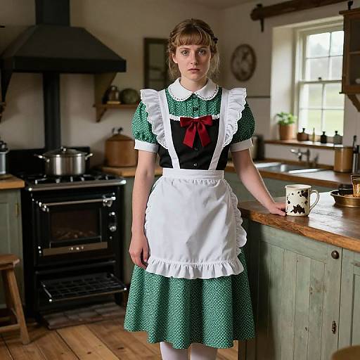 Photograph of a young woman with blonde hair in a green polka dot maid dress with white apron and red bow, standing in a rustic kitchen