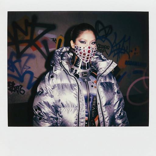 Photograph of a woman with dark hair in a silver puffer jacket, wearing a polka-dotted face mask, standing against a graffiti-covered wall