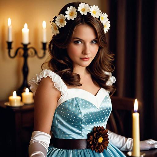 Young Woman in Blue Retro Dress with Flower Crown