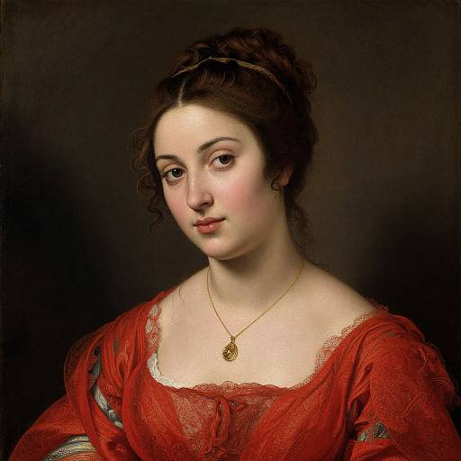 Classical portrait painting of a fair-skinned woman with dark hair in an updo, wearing a red lace dress and gold necklace, against a dark