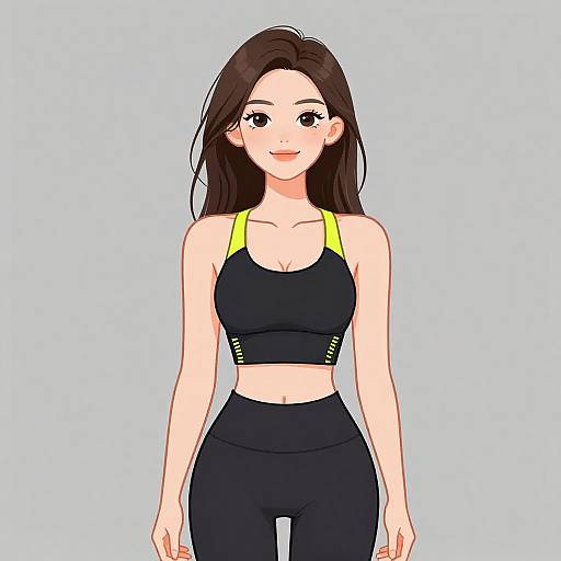 Digital anime-style drawing of a smiling young woman with long dark brown hair, wearing a black sports bra with yellow straps and black high-waist leggings