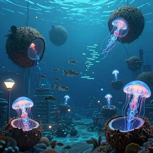 Digital artwork of a futuristic underwater scene featuring glowing jellyfish in spiky, spherical pods, surrounded by fish and city lights.