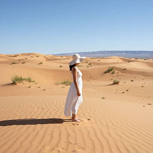 Photograph of a woman in a white dress and sunhat standing in a sunlit, sandy desert with clear blue sky and distant ocean.