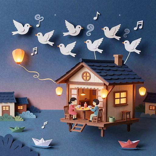 Cozy Floating Teahouse with Lantern-Birds