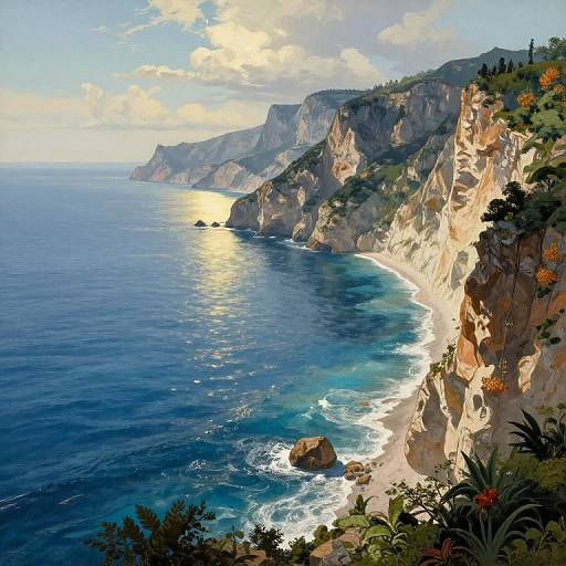 Photograph of a sunlit coastal cliff landscape with blue ocean, white waves, rugged cliffs, green foliage, and a bright sky.