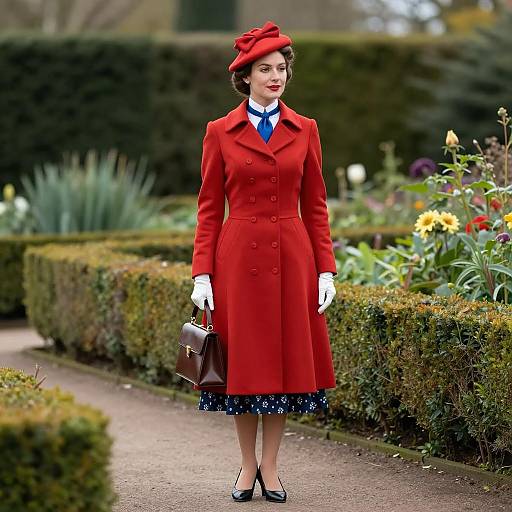 Elegant Woman in Vintage Red Coat in Garden
