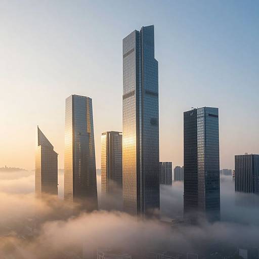 Photograph of modern skyscrapers with reflective glass windows at sunrise, partially shrouded in morning fog, creating a serene, urban skyline.