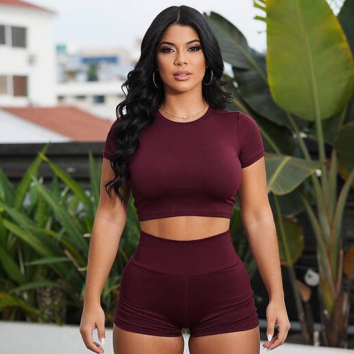 Photograph of a curvy Latina woman with long black hair, wearing a maroon crop top and high-waisted shorts, standing outdoors with lush
