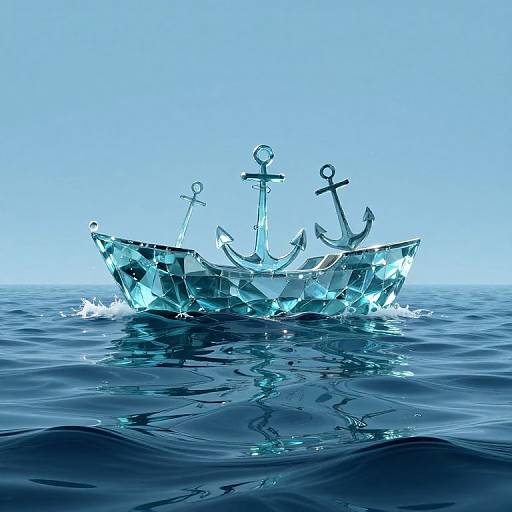 Digital artwork of a crystal-clear, blue-tinted boat with three silver anchors, floating on rippling blue ocean water under a bright blue sky.