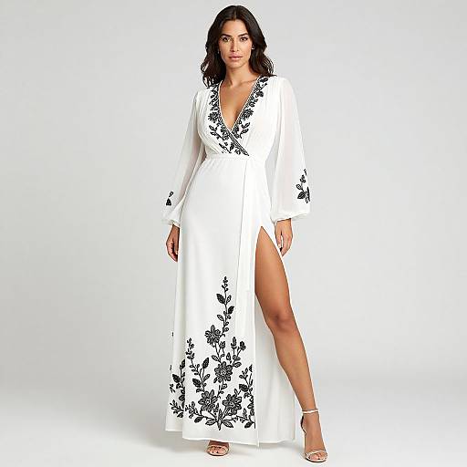 Photograph of a confident woman with dark wavy hair wearing a white, long-sleeve, V-neck dress with black floral embroidery, featuring a