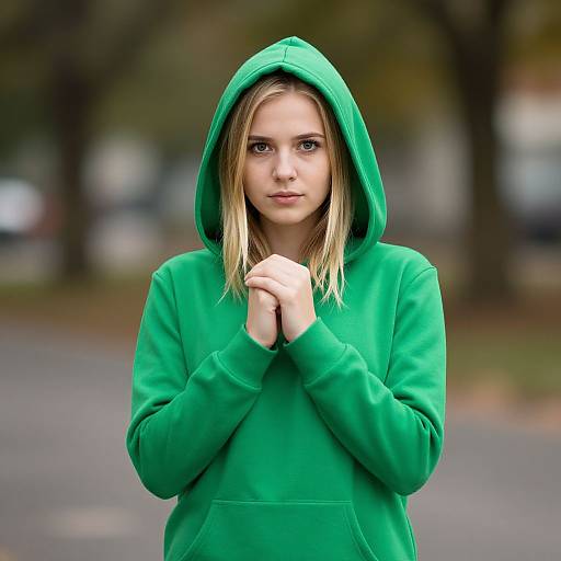 Photograph of a blonde teenage girl in a bright green hoodie with hood up, hands clasped, standing on a blurred street.