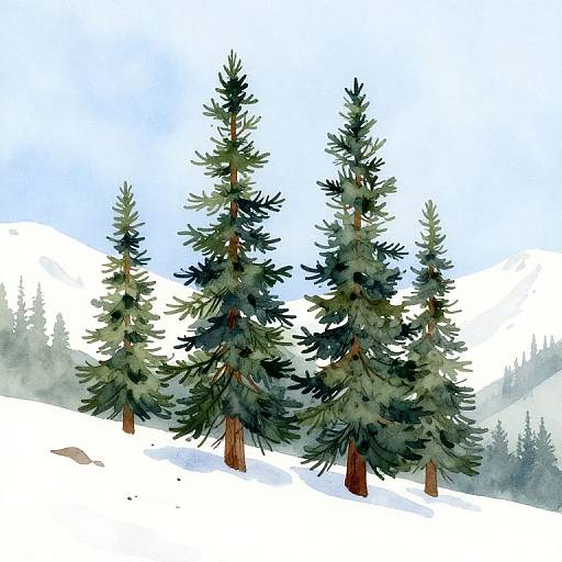 Acuarela de Pinos Nevados Montañosos