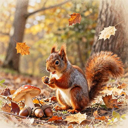 Photograph of a cute, fluffy red squirrel with bushy tail, eating a mushroom in a sunlit, autumn forest, surrounded by falling leaves and