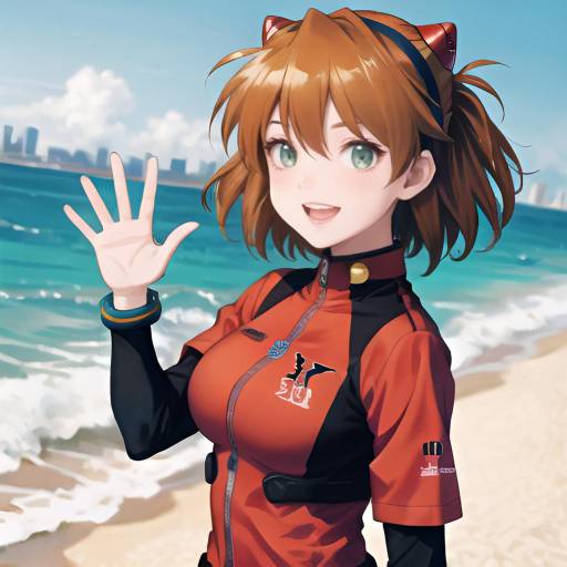 Digital anime-style drawing of a short-haired, red-haired girl in a black wetsuit with white stripes, standing on a rocky beach with turquoise ocean