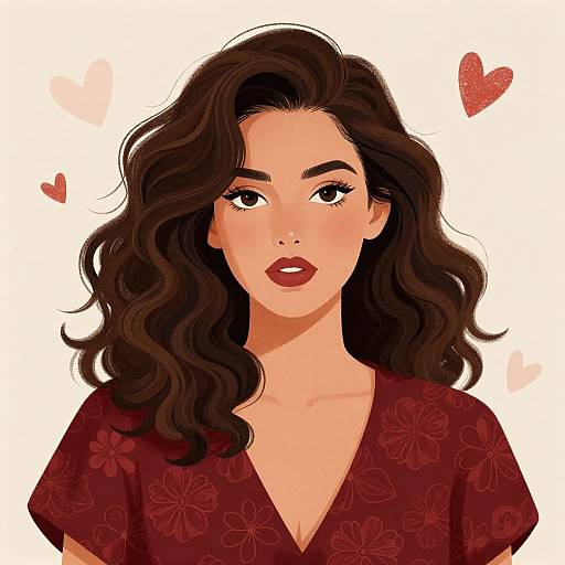 Digital illustration of a beautiful woman with wavy dark brown hair, red floral dress, and red lipstick, with red hearts and pale pink hearts in the