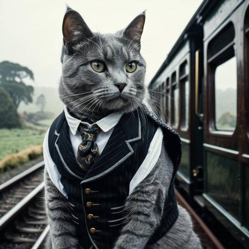 Gray Cat in Victorian Waistcoat on Train Gray Cat in Victorian Waistcoat on Train