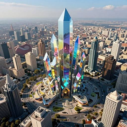 Aerial CGI of a futuristic, multicolored glass skyscraper with pyramid-like peaks, surrounded by a busy cityscape with roads and buildings.