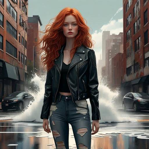 Redhead Woman in Leather Jacket on City Street