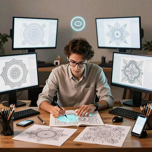 Photograph of a young man with curly hair and glasses, drawing intricate black-and-white mandalas on paper, surrounded by five glowing computer monitors.