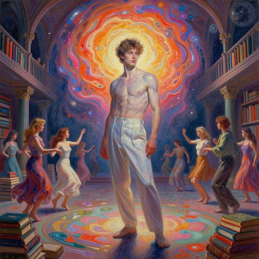 Vibrant digital painting of a shirtless, curly-haired man with glowing aura, surrounded by dancing people in a colorful, celestial library.