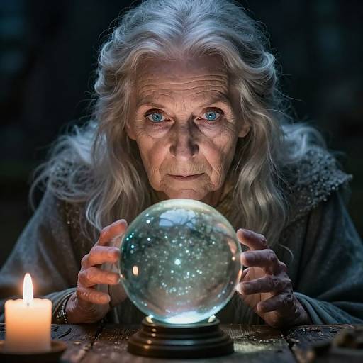 Photograph of an elderly man with long white hair and intense blue eyes, holding a glowing snow globe, illuminated by a candlelit wooden table.