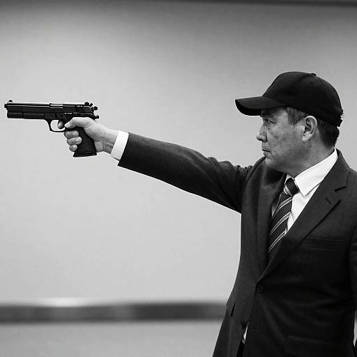 Middle-aged Man Aiming Handgun in Suit