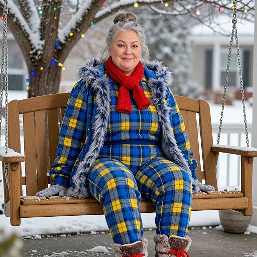 Photograph of an older woman with gray hair, wearing a blue and yellow plaid coat and pants, red scarf, and winter boots, sitting on