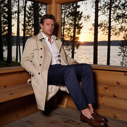 Photograph of a man with short brown hair, in a beige trench coat, white shirt, black pants, brown loafers, sitting on wooden bench