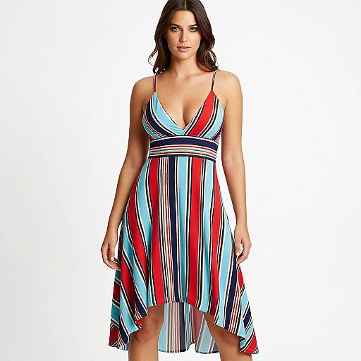 Photograph of a dark-haired woman in a sleeveless, V-neck, knee-length dress with vertical red, blue, white, and black stripes.