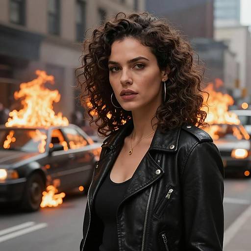 Confident Woman in Leather Jacket with Burning Cars