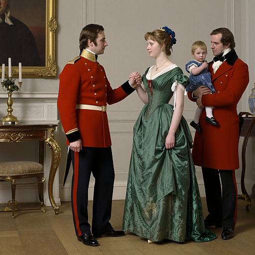 Victorian-era photograph of a family: man in red military uniform, woman in green dress, holding baby, standing in elegant room.
