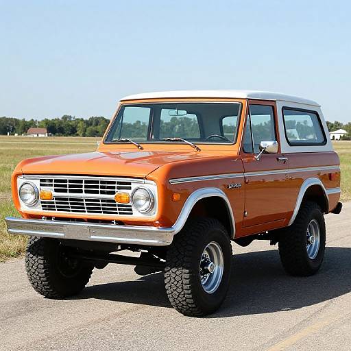 Photograph of a lifted, vintage orange Chevrolet Blazer with large black tires, chrome wheels, and white roof, parked on a sunny roadside.