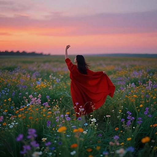 Photograph of a woman in a flowing red dress standing in a vibrant field of colorful wildflowers at sunset, with her arm raised towards the pink and