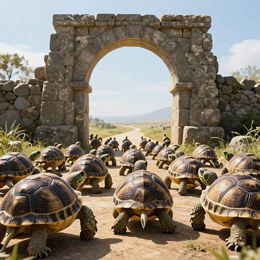 Determined Turtles Marching to Ancient Archway