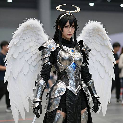 Photograph of an Asian woman with black hair, angelic white wings, and silver armor, wearing a halo, standing confidently in a blurred indoor setting